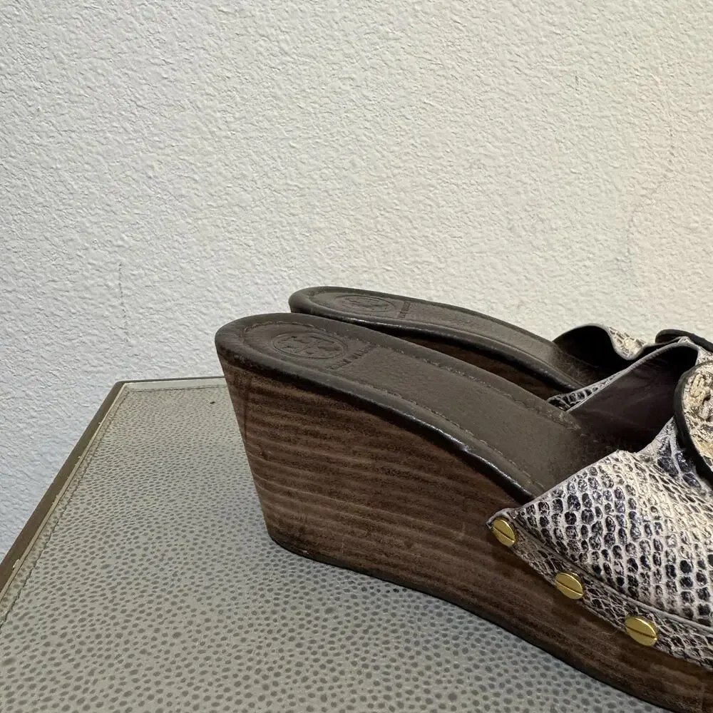 Tory Burch Patti Snakeskin Leather Platform Wedge Slide Sandals Size 8.5 M